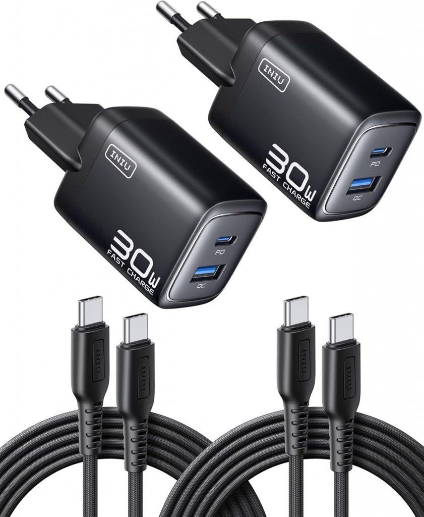 INIU 30W USB C Ladegerät, 2 Stück [USBC + USBA] Schnellladegerät mit Kabel, GaN…