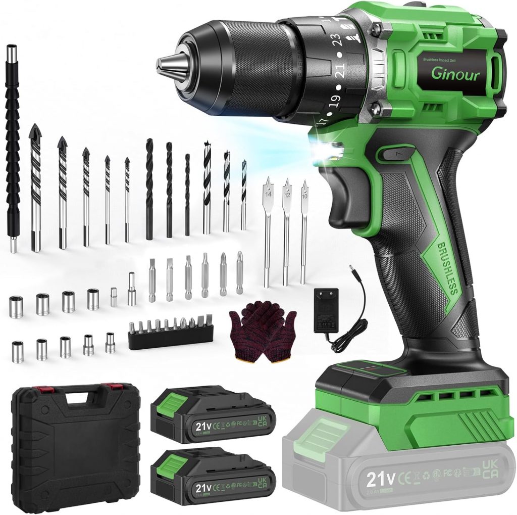 Ginour 21V Bürstenlos Akku Schlagbohrschrauber Set, 50 Nm, 2x2Ah Akku…