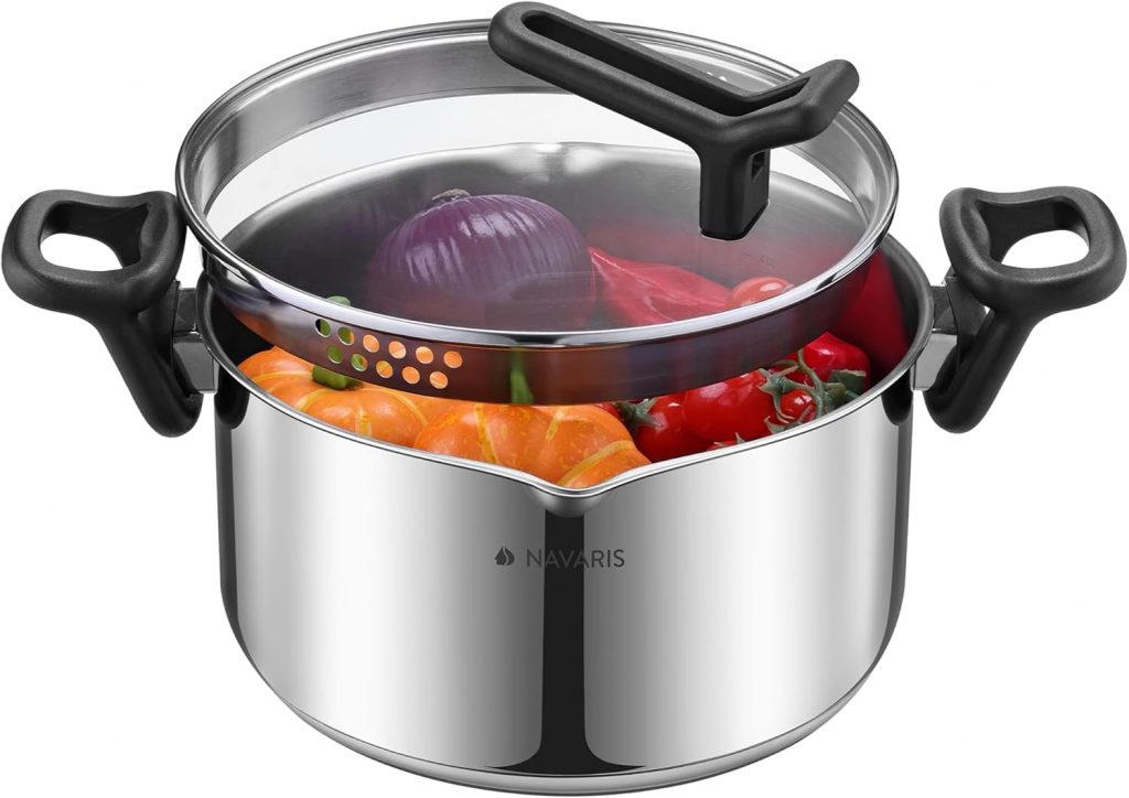 Navaris 3,4L Pasta Multi-Kochtopf – Integriertes Abtropfsieb & Frittierkorb, Ausgießer – Topf Induktion – Kochtopf, Friteuse, Suppentopf, Milchtopf in einem, Spülmaschinenfest