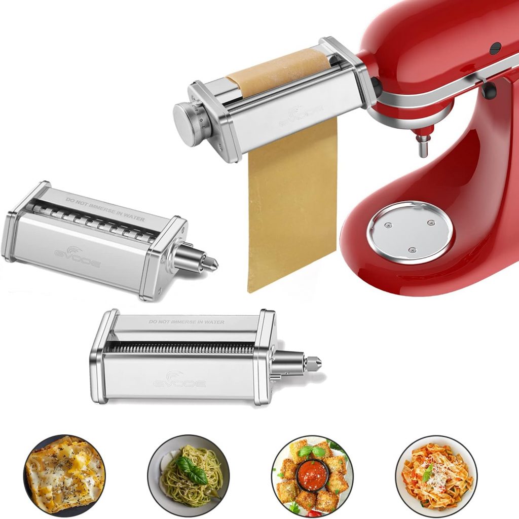 GVODE Edelstahl Nudelaufsatz für KitchenAid, 3 Stück Nudel-Aufsatz für KitchenAid-Zubehör inklusive Fettuccine-Schneider, Spaghetti-Schneider und Nudel-Walze – Pasta Zubehör für KitchenAid