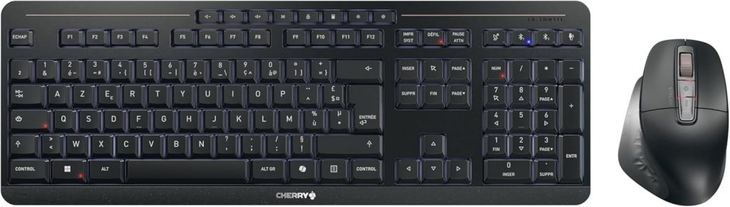 CHERRY Stream Desktop Ultimate, Kabelloses Multi-Device Tastatur-Maus-Set, Französisches Layout (AZERTY), Ergonomische Rechtshändermaus, Aufladbar, Schwarz