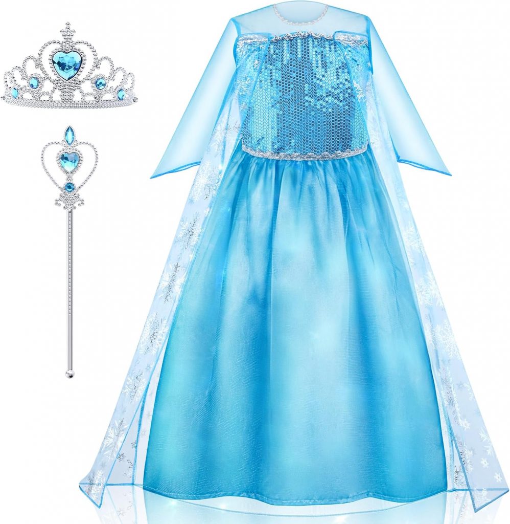 AYBUY Leuchtendes Prinzessin Kleid, Mädchen Blaues Prinzessinnenkleid leuchtet, Geeignet für Weihnachten, Halloween, Geburtstag, Party, Cosplay, Karneval(150cm