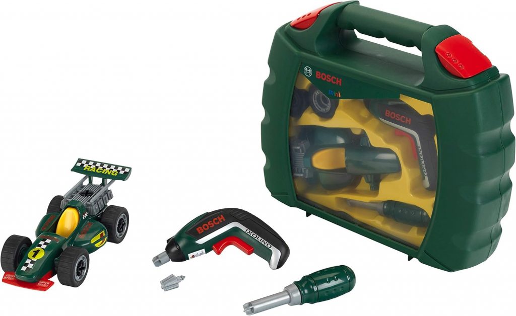 Theo Klein 8395 Werkzeugkoffer-Set Bosch Grand Prix mit Ixolino-Akkuschrauber Schraubbarer Rennwagen Maße: 32 cm x 26 cm x 9 cm Spielzeug für Kinder ab 3 Jahren