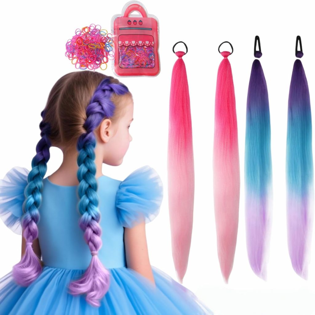 2 Sets Bunte Haarsträhnen Kinder (Lila & Pink) mit 260 Clips – Haarverlängerung zum Einklipsen & Einflechten…
