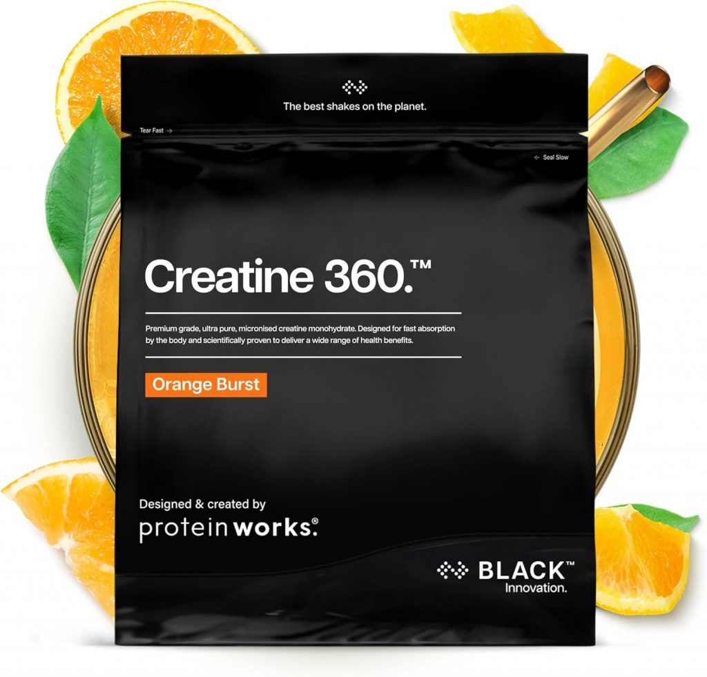 Protein Works Creatine 360 – BLACK Innovation, Kreatin-Monohydrat, mikronisiertes Kreatinpulver, 100 % Reinheit, 200 Mesh Ultra-Fein, Energie & Leistung, Orange Burst, 62 Portionen, 250g