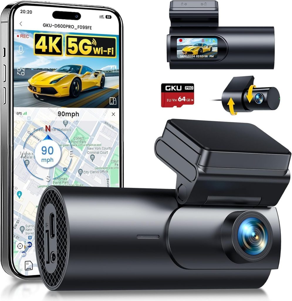 GKU 4K Dashcam Auto Vorne Hinten, 5GHz WiFi GPS, Dual Dash Cam, 1.5” IPS Mini…