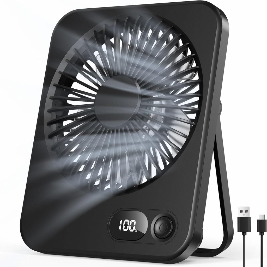 Tischventilator Kleiner – USB Ventilator mit 5 Stufen, 180° verstellbar, Ultra-Slim 3,8 cm, LED-Display, bis zu 8 Std. Laufzeit, Tragbarer Mini Ventilator mit Akku für Büro, Reisen, Schminken, Schwarz