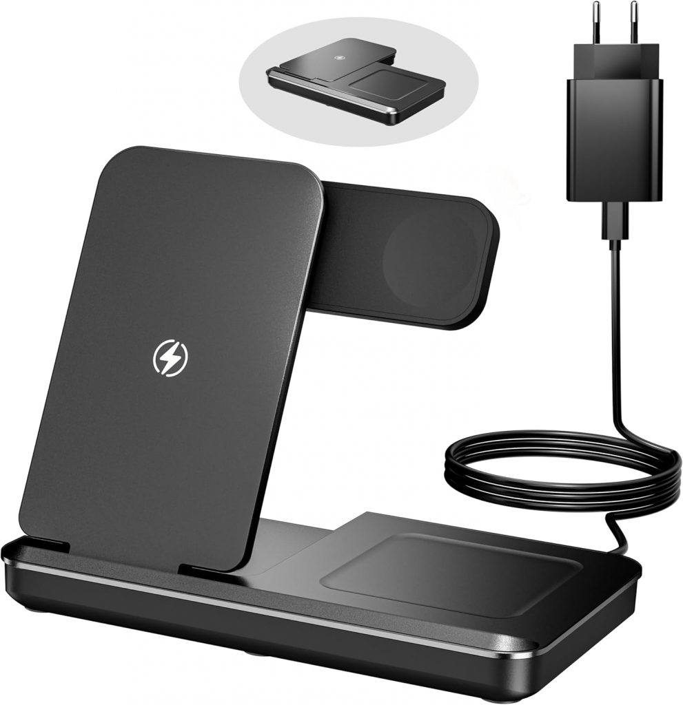 Eddibox 3 In 1 Ladestation für Apple Watch und iPhone, Faltbar 15W Schnelles Apple Ladestation Ladegerät für iPhone 17 16 15 14 13 12 Pro Max/Apple Watch/AirPods – Schwarz