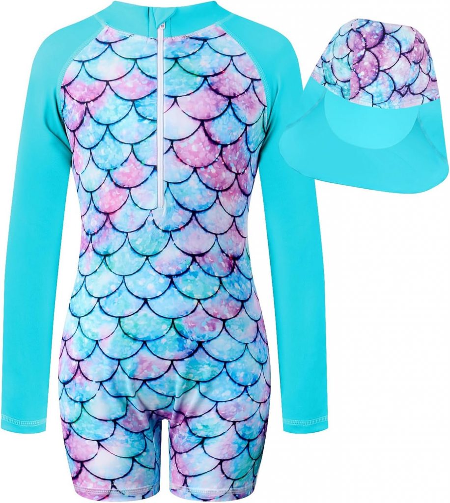 JiAmy Mädchen Badeanzug UV Schutz Einteiler Schwimmanzug mit Sonnenhut Langarm…