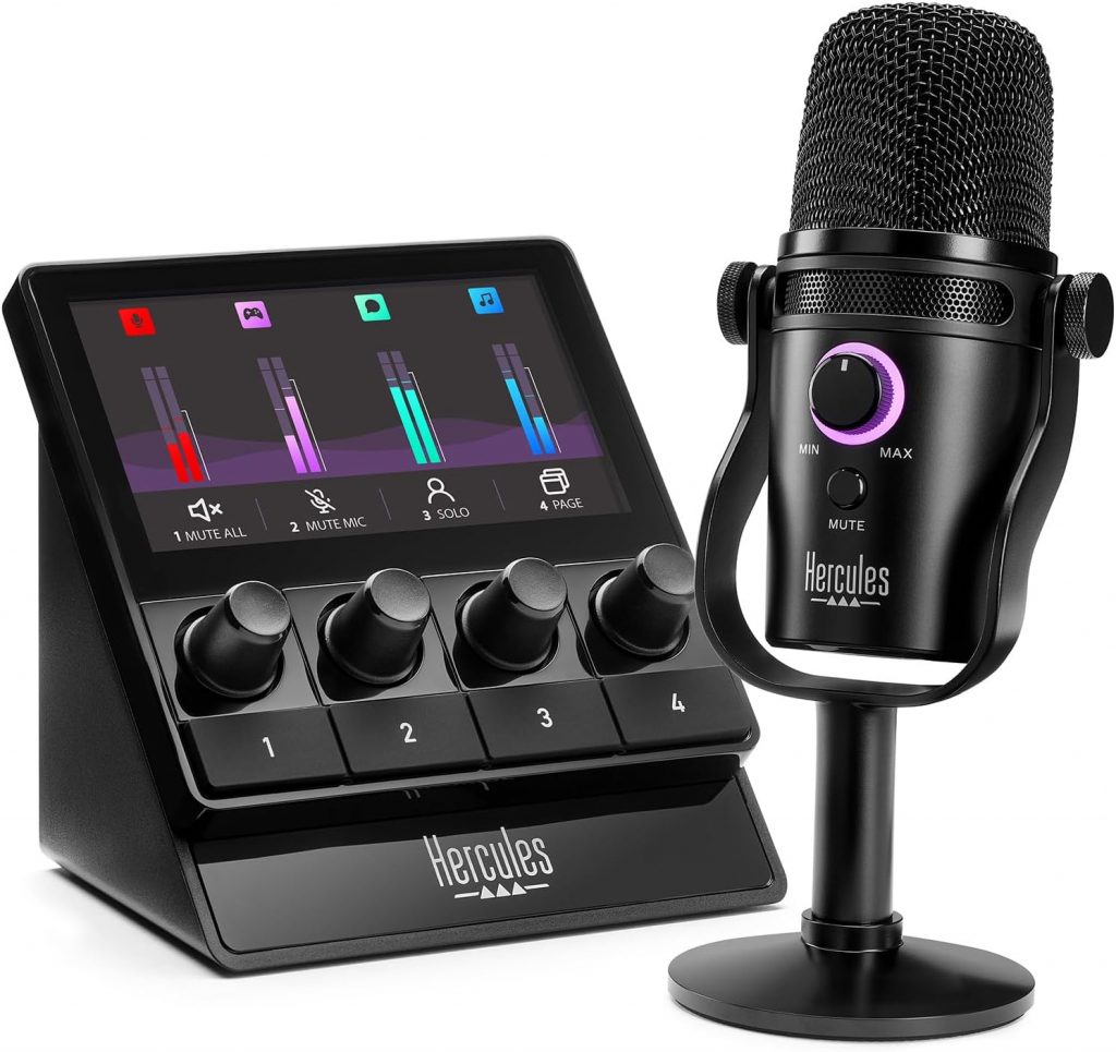 Hercules Stream Starter Kit – Stream 100 Gaming-Audio-Controller für Windows PC + HUD-600 USB/XLR-Mikrofon + Voicemod Pro (3 Monate)