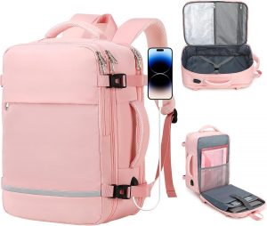 HDeye Reiserucksack Damen, Großer Handgepäck Rucksack, Erweiterbare Handgepäcktasche, 15.6 Zoll Laptop Rucksack, Rucksack für Wandern im Freien Geschäftsreise, Rosa