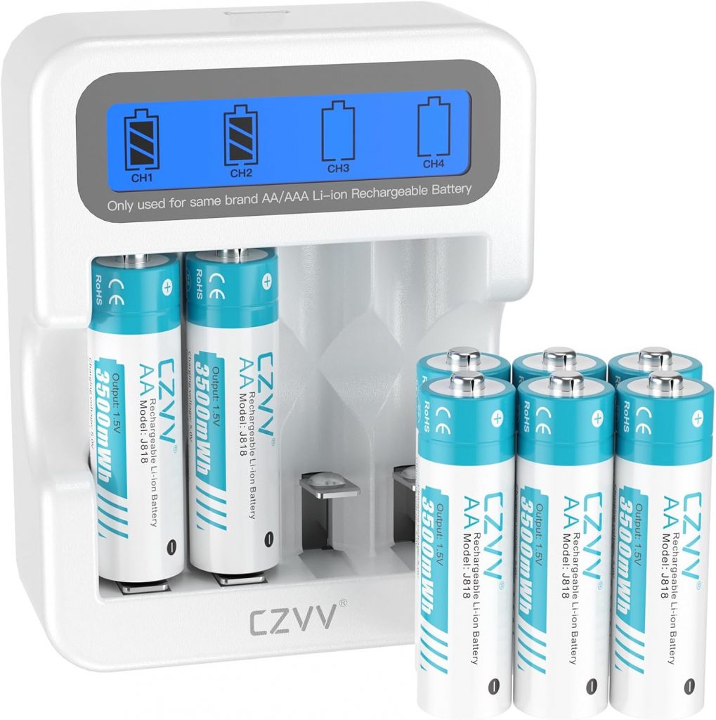 czvv Wiederaufladbare Batterien AA Lithium 1,5V – Hoher Kapazität 3500mWh – 1300 Ladezyklen – 8 Stück Akkus mit…
