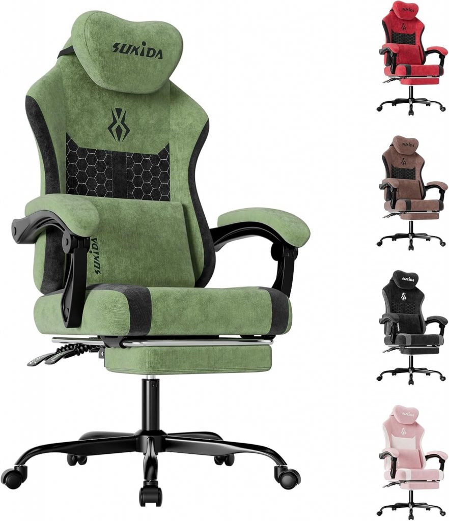 SUKIDA Gaming Stuhl, Ergonomischer Schreibtischstuhl mit Fußstütze Kopfstütze und Lendenkissen, Schreibtischstuhl mit Stoffoberfläche Hochwertiger – Stoff,Grün