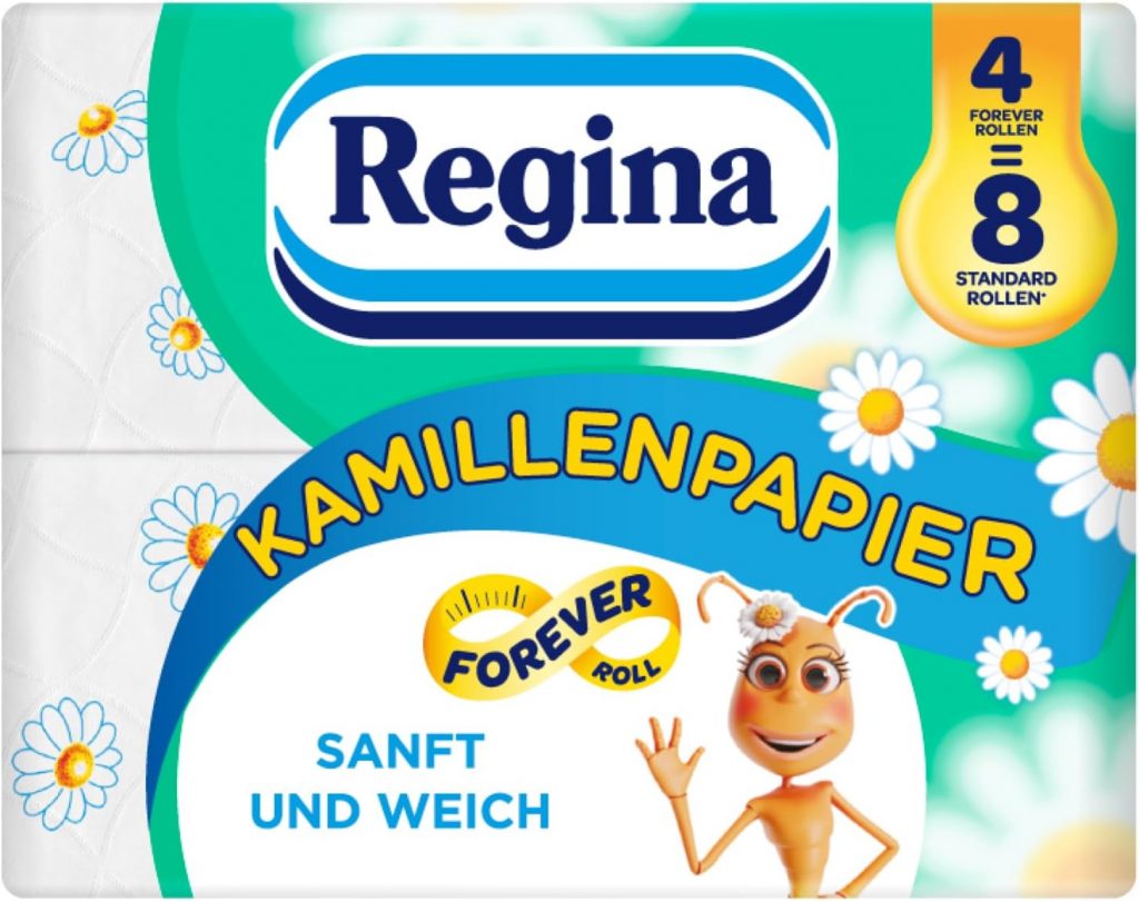 Regina Kamillenpapier 4=8 Forever Roll Toilettenpapier – 3-lagig, 4 Maxi-Rollen Packung, 300 Blatt pro Rolle, Sanft und Weich mit Kamillenduft aus FSC-zertifiziertem Papier