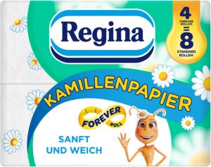 Regina Kamillenpapier 4=8 Forever Roll Toilettenpapier – 3-lagig, 4 Maxi-Rollen Packung, 300 Blatt pro Rolle, Sanft und Weich mit Kamillenduft aus FSC-zertifiziertem Papier