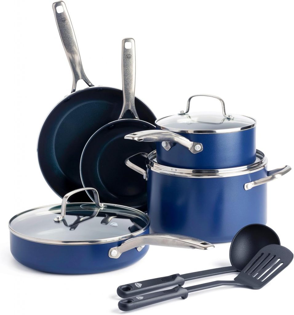 Blue Diamond Cookware Diamantstruktur Keramik Antihaft, 10-teiliges Topf- und Pfannenset, Enthält Bratpfannen,Kochtöpfe, Kochtöpfe, PFAS-frei, spülmaschinenfest, backofenfest, Blau