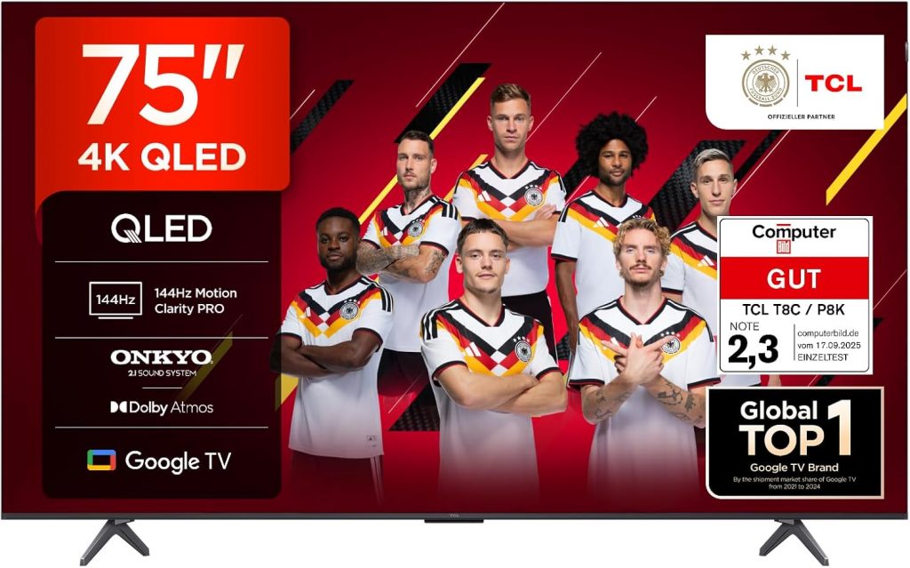 TCL 75T8C 75 Zoll QLED 4K HDR UHD Fernseher, Smart Google TV Dolby Vision Atmos,144Hz Motion Clarity Pro, Game Bar, ALLM, FreeSync, Onkyo 2.1 Sound,Sprachsteuerung, Kompatibel mit Google Assistant