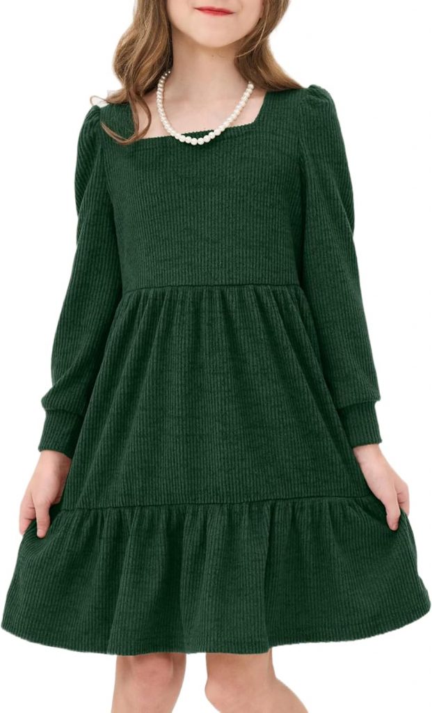 JiAmy Mädchen Kleid Gerippt Gestrickt, Kinder Weich Langärmlig Kleider Quadratischer Ausschnitt mit Taschen Flauschig Warm Herbst Winter Kleid für Toddler Kleine Mädchen 3-4 Jahre, Grün