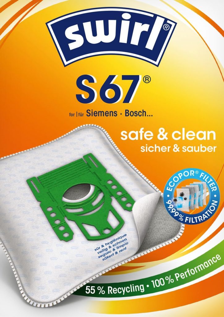 Swirl S 67 EcoPor Staubsaugerbeutel (10 Beutel), reißfeste Staubbeutel für einige Siemens & Bosch Staubsauger, im umweltfreundlichen Umkarton, 99,9% Filterung von Hausstaub & allergenem Feinstaub
