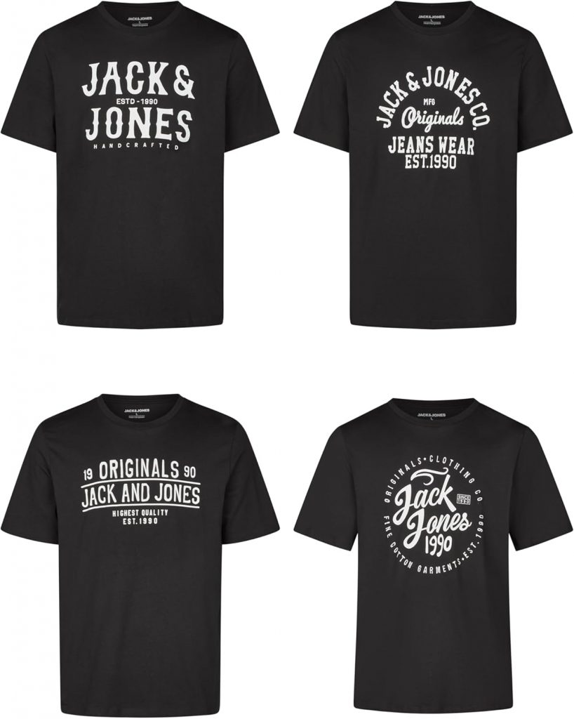 JACK & JONES Tshirt Herren Regular Fit JJLINO 4er Pack Set Pack Rundhals Kurzarm Sommer Tee Shirt Print Schwarz Weiß…