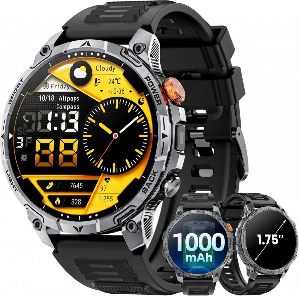Haulvean Militär Smartwatch Herren, mit1000-mAh-Akku/1,75" HD Großes Display Sportuhr/110+ Sportmodi Fitnessuhr/LED…