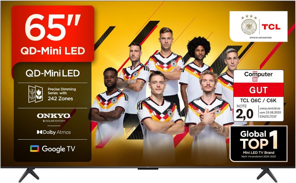 TCL 65 Zoll 65Q6C QLED Mini LED Fernseher, 4K HDR Premium, Dolby Vision IQ & Atmos, Onkyo 2.1, Smart Google TV, 144Hz Motion Clarity Pro, AMD FreeSync Premium Pro, HDMI 2.1, AirPlay