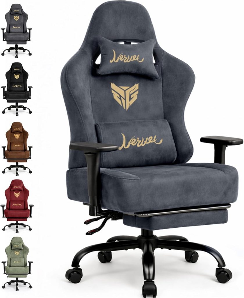 Gaming Stuhl Chair Gamer Sessel-Stoff Wildlederimitat Gamer Stuhl mit Fußstütze Lendenkissen Kopfstütze Höhenverstellbar 3D Armlehnen mit Mehrfach Verstellbaren Armen Gamingstuhl 200 Kg Grau