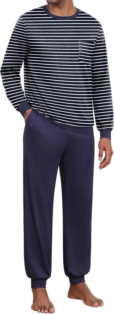 Ekouaer Herren Schlafanzug Lang Pyjama Set Winter Männer Langarm Stripe Oberteil und Schlafanzughose Mit Taschen Zweiteiliger,Blau,M