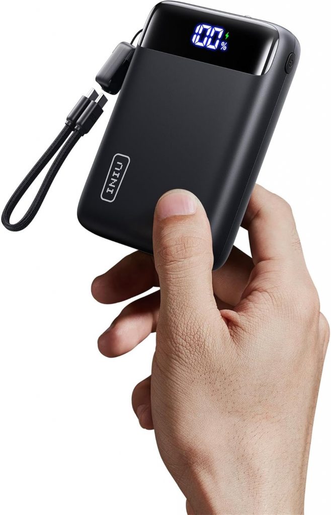 INIU Power Bank, Ultra Klein 20000mAh 22.5W Schnellladung PowerBank mit Angebrachtem USB C Kabel, Flugtauglich Externe Handyakkus, Reise-Essential für iPhone 17 16 Pro, Samsung S25, Xiaomi, iPad etc