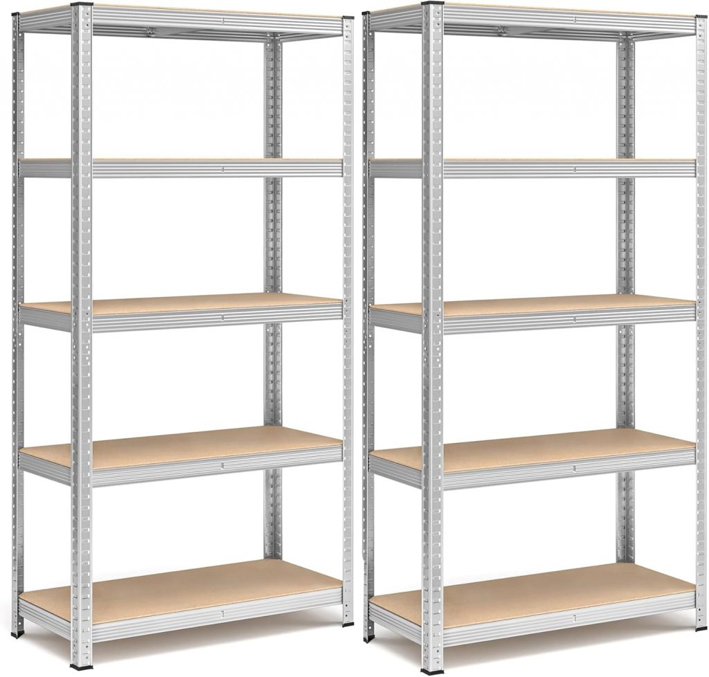 SONGMICS Schwerlastregal, 2er Set, Kellerregal, Lagerregal, 40 x 90 x 180 cm, Regal mit Stahlgestell, jeweils bis 875 kg belastbar, 5 verstellbare Ablagen, silbern GLR