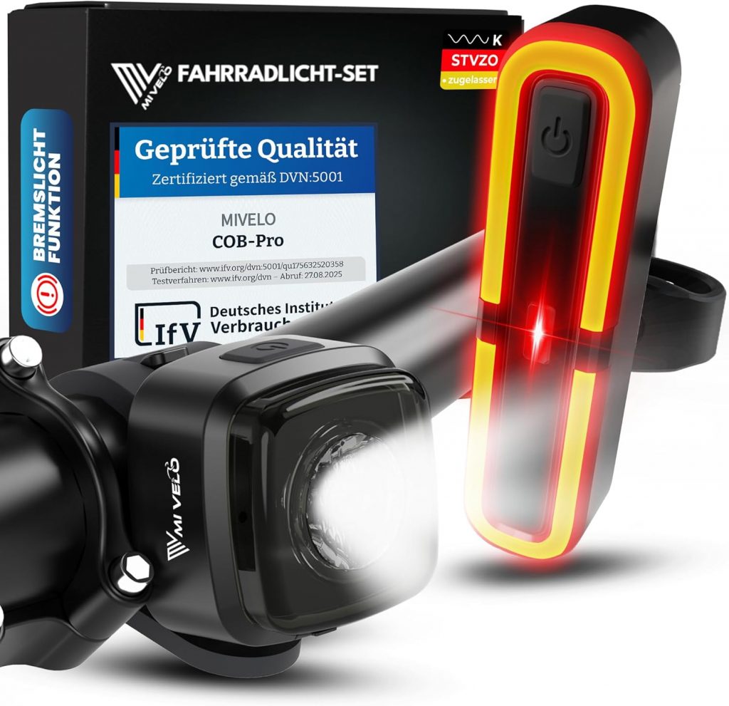 MIVELO Fahrradlicht Set mit Bremsanzeige – Fahrradlampe LED StVZO, IPX5…