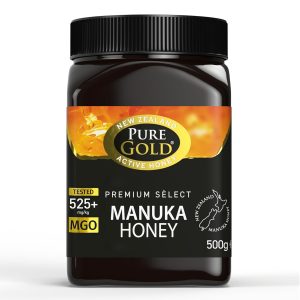 🤴 Pure Gold Manuka-Honig 525+ 500 g, Honig aus Neuseeland, im Kunststoffbehälter, MBO-zertifiziert und nach MPI-Standards