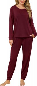 Sopesil Schlafanzug Damen Lang Pyjama Set Weiche Rundhals Zweiteiler Langarm Schlafanzüge Loungewear Herbst Winter Hausanzug Nachtwäsche Weinrot S