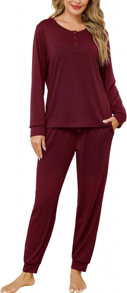 Sopesil Schlafanzug Damen Lang Pyjama Set Weiche Rundhals Zweiteiler Langarm Schlafanzüge Loungewear Herbst Winter Hausanzug Nachtwäsche Weinrot S