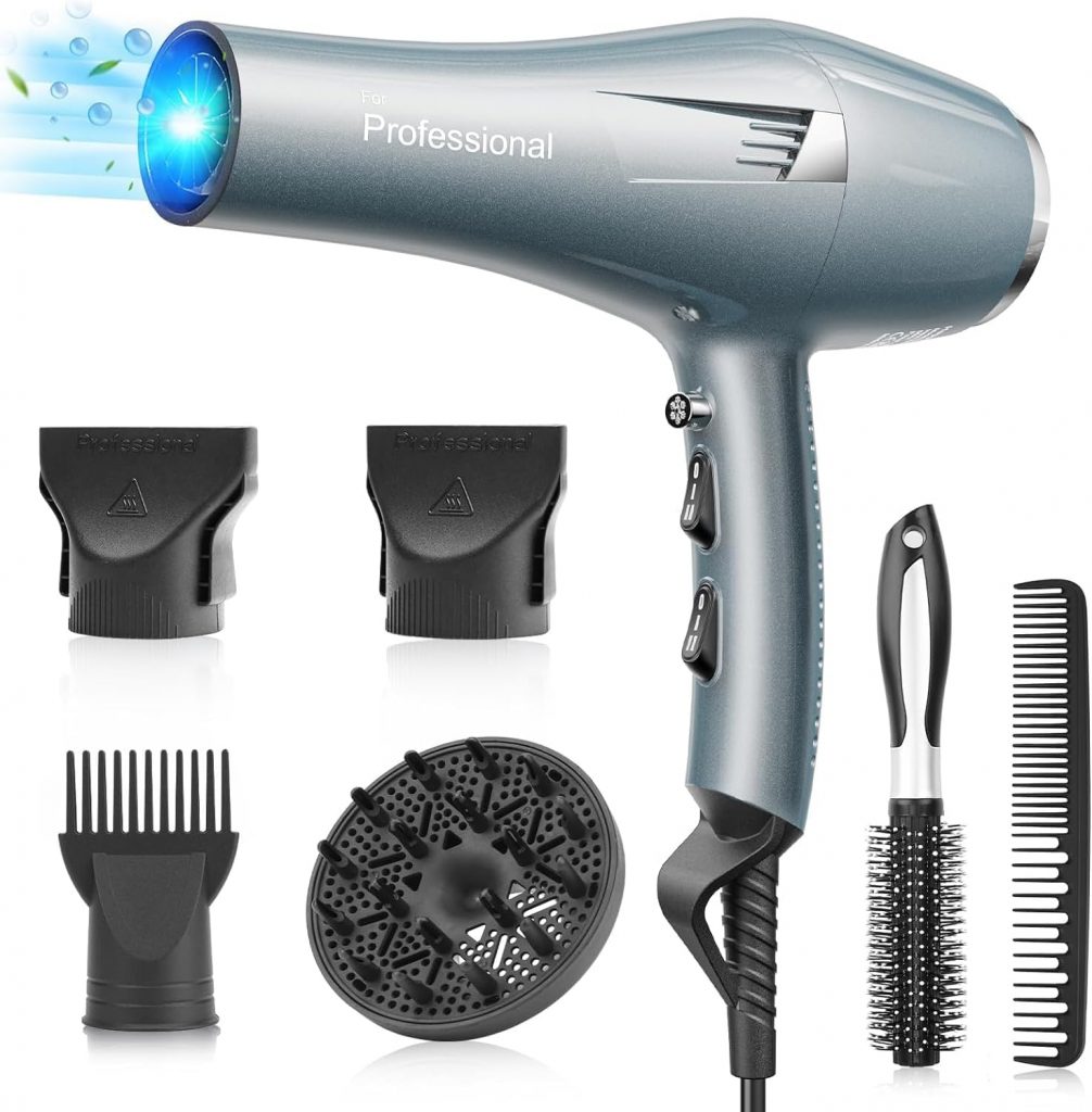 Profi Föhn Ionen Fön Haartrockner Hair Dryer Haarföhn mit 1 Diffusor 2 Stylingdüse, 3 Heiz und 2 Geschwindigkeitsstufen, 2.5 Meter langes Netzkabel, Starker Fön für Familie (blau) (Hellblau)