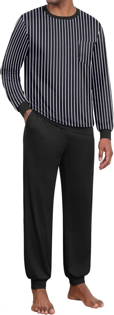 Ekouaer Herren Schlafanzug Lang Pyjama Set Winter Männer Langarm Stripe Oberteil und Schlafanzughose Mit Taschen Zweiteiliger,Schwarz,L
