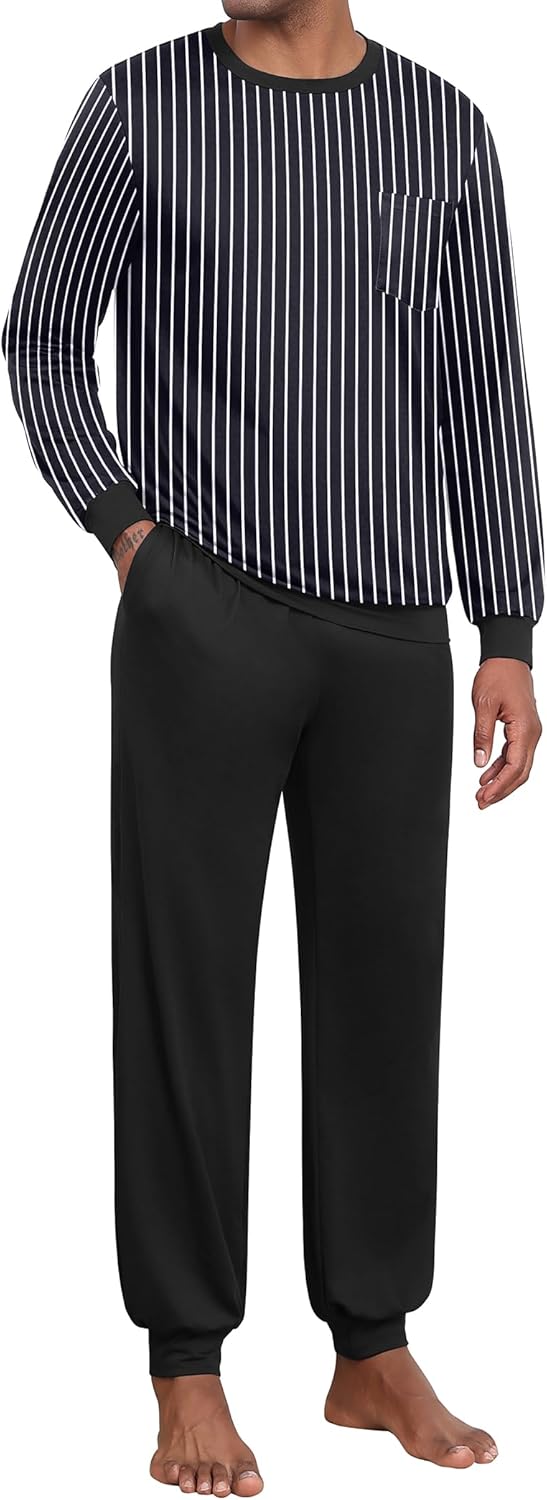 Ekouaer Herren Schlafanzug Lang Pyjama Set Winter Männer Langarm Stripe Oberteil und Schlafanzughose Mit Taschen Zweiteiliger,Schwarz,L
