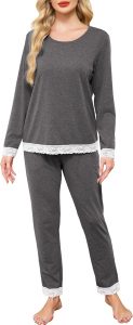 Sopesil Schlafanzug Damen Lang Pyjama Set mit Taschen Zweiteiliger Spitze Nachtwäsche Weich Baumwolle Schlafanzüge Grau S
