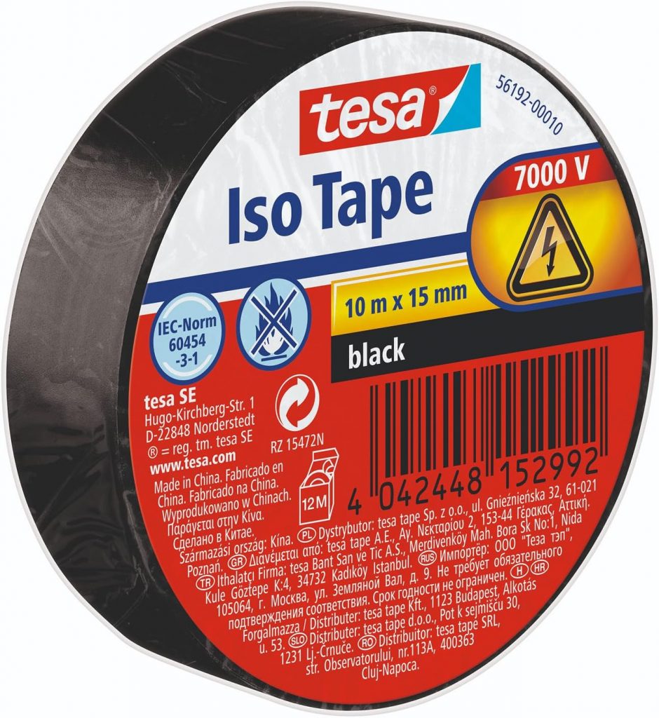tesa Isolierband – Selbstklebendes Isolierband, hitzebeständig – Zum Isolieren, Reparieren und Bündeln – 1 x 10m – Schwarz