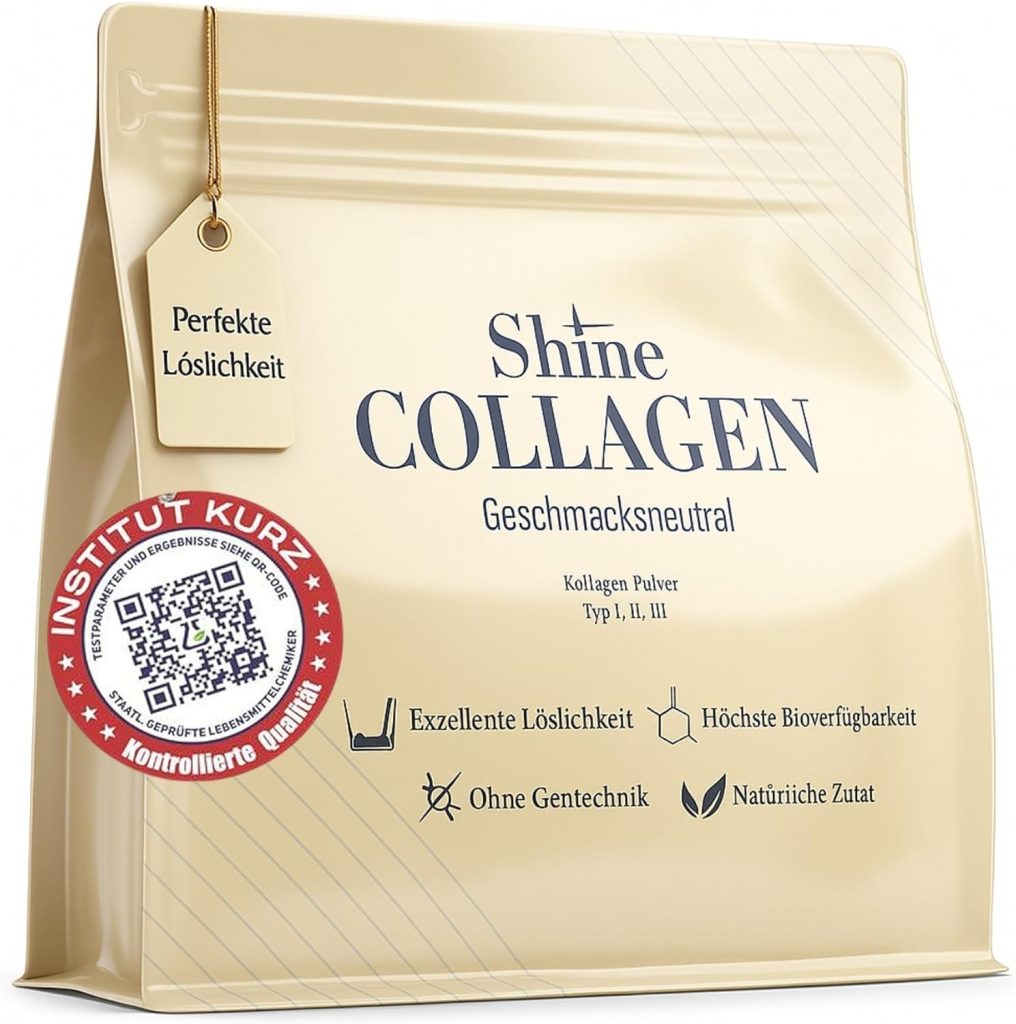 Shine Collagen Pulver 500g – 10 Collagen Peptide, Premium Hydrolysat Typ 1, 2 und 3, Halal, Perfekte Löslichkeit…