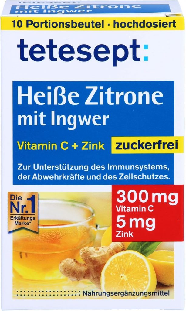 tetesept Heiße Zitrone mit Ingwer – Instant Pulver zuckerfrei mit Zink & Vitamin C – Abwehrkräfte und Immunsystem unterstützen – 1 Packung à 10 Beutel