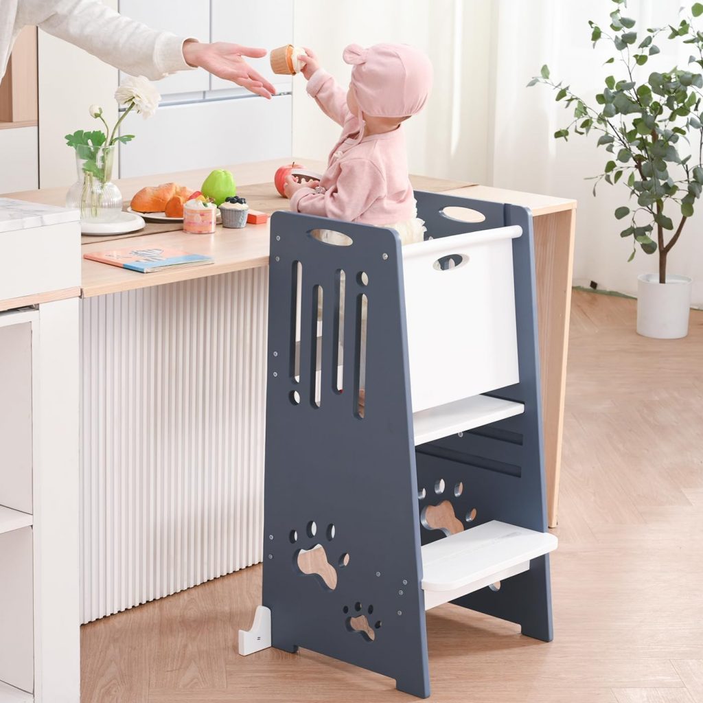 Kleinkind Tritthocker Kinderhocker, Toddler Tower & Lernhocker mit Sicherheitsbarriere, Kippschutz und…