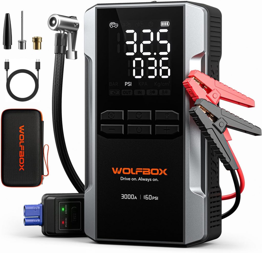WOLFBOX 3000A Starthilfe Powerbank für PKW mit Luftkompressor 160 PSI, 65 W Schnellladung, 59.2Wh Kapazität, für 8 L Benzin- / 6 L Dieselmotoren, mit LED-Bildschirm und 400 Lumen Notlicht