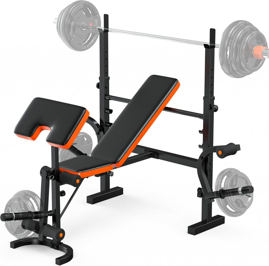 XDDIAS Hantelbank Verstellbar für Zuhause, Flach-/Schrägbank mit Squat Rack,Curlpult & Beinstrecker, Langhantelbank…