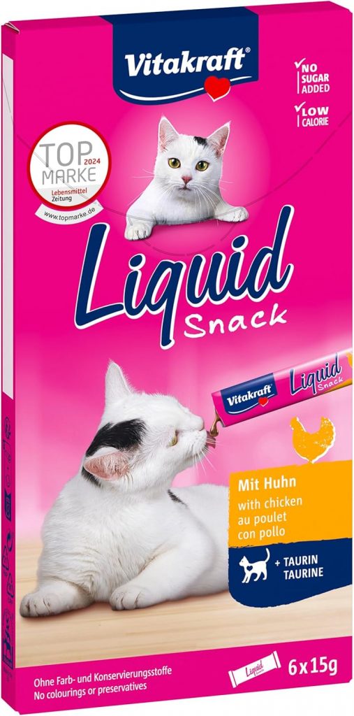 Vitakraft Liquid Snack, Katzen Leckerli, Katzensnack cremig, mit Huhn und Taurin, in einzelnen Sachets, unterstützt die Augen und das Herz (1 Paket mit 6x 15g)