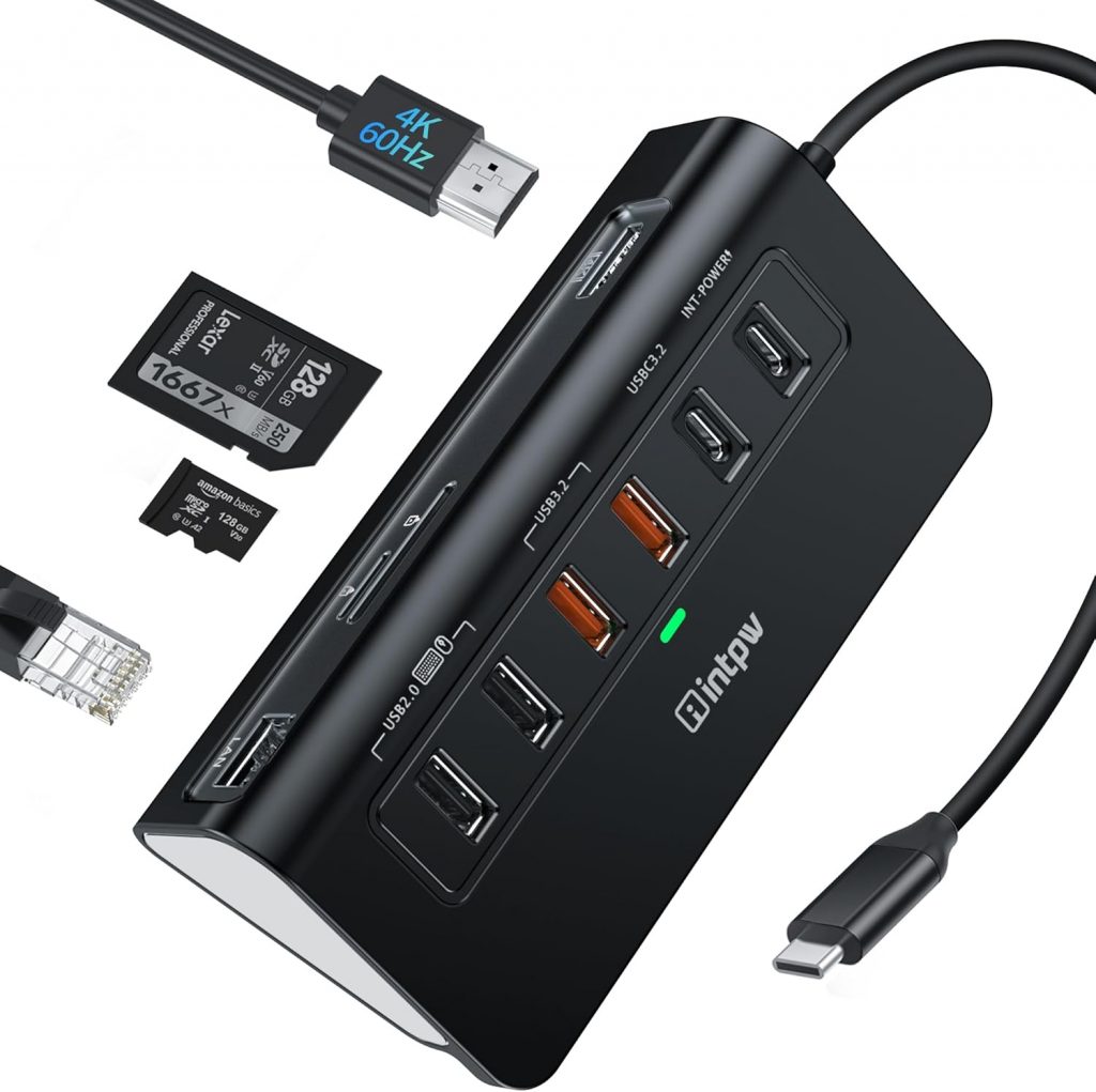 👑 Intpw USB C Hub, 10-in-1 USB C Docking Station mit 1Gbps Ethernet,1M Kabel， 4K@60Hz HDMI, 10Gbps 2 Type-A/C 3.2, 2 Type-A 2.0, PD 100W, SD/TF, Aluminium USB HUB f&uuml;r Windows/MacBook