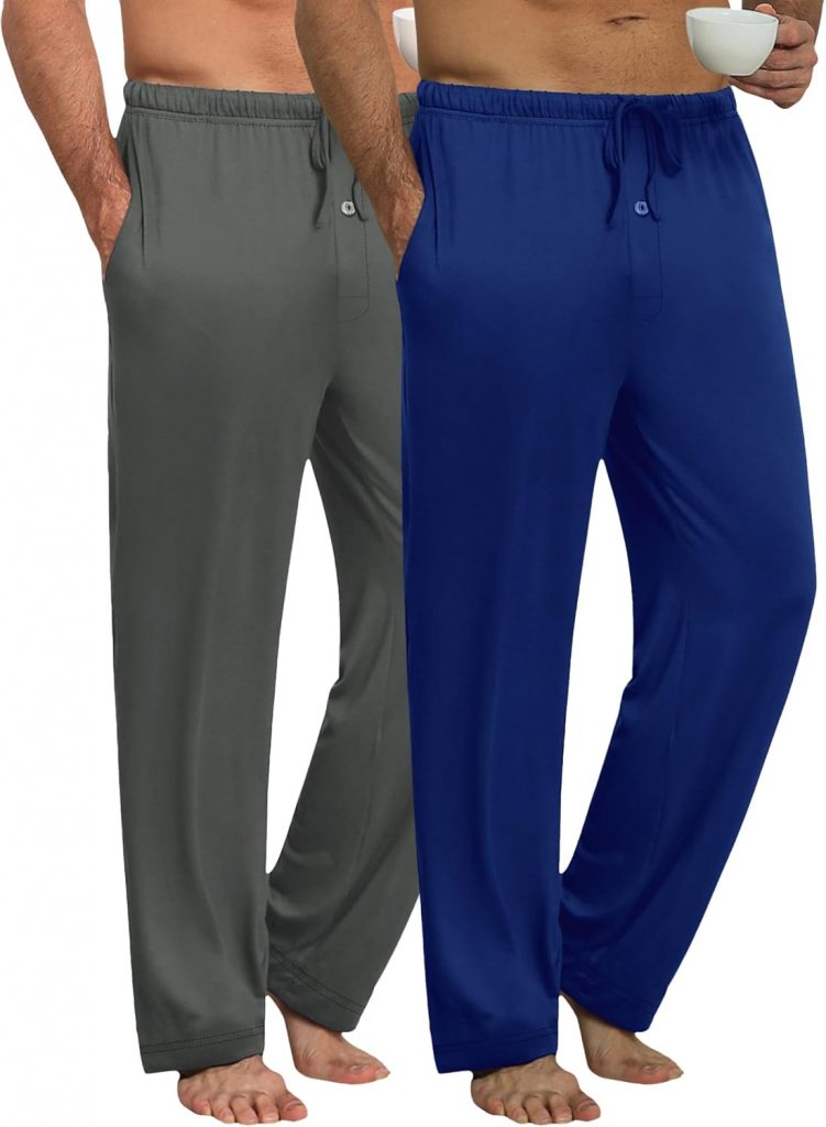 Ekouaer Herren Pyjamahose Lang Schlafanzughosen für Herren Karierte Pyjama Hose Nachtwäsche 2er Packs,blau + grau,L