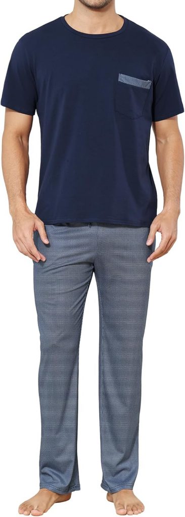 Reliwel Schlafanzug Herren Kurz Baumwolle Zweiteilige Pyjama Herren Kurzarm Shirt und Lange Pyjamahose Loungewear Nachtwäsche für Männer Navy blau, M