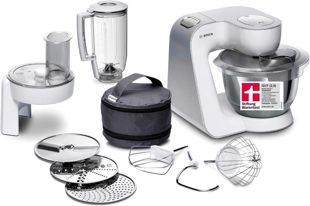Bosch Küchenmaschine Serie 4, Edelstahl-Schüssel 3,9 L, Knethaken, Schlag- und Rührbesen Edelstahl spülmaschinenfest, Mixer 1,25 L, Durchlaufschnitzler, 3 Scheiben, 1000 W, Weiß, MUM58W