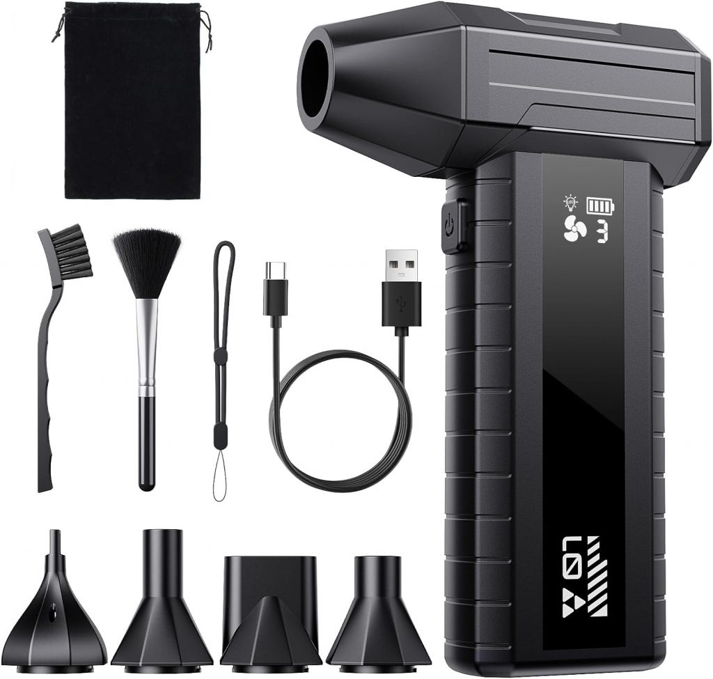 Druckluftspray Alternative, Elektrischer Air Duster mit 200.000 U/min Turbo Gebläse, 10500 mAh Akku Gebläse für PC Reinigung & Tastatur Reinigungsset, LED-Licht, Smart-Display, USB-C